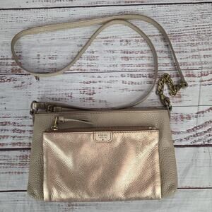 Fossil Sydney Crossbody Rose Metallic Purse Chain Leather Strap Zipper Purse Bag